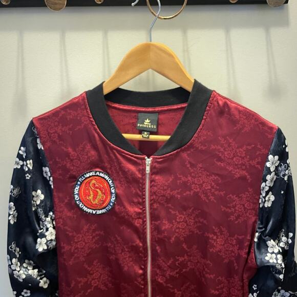 Disney Princess Mulan Bomber Jacket | Red Satin Floral Embroidered, Small EUC - Picture 3 of 6